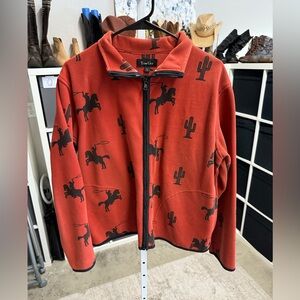 True Grit Vintage Red Fleece with Black Western Horse Cactus Print Zip Jacket
